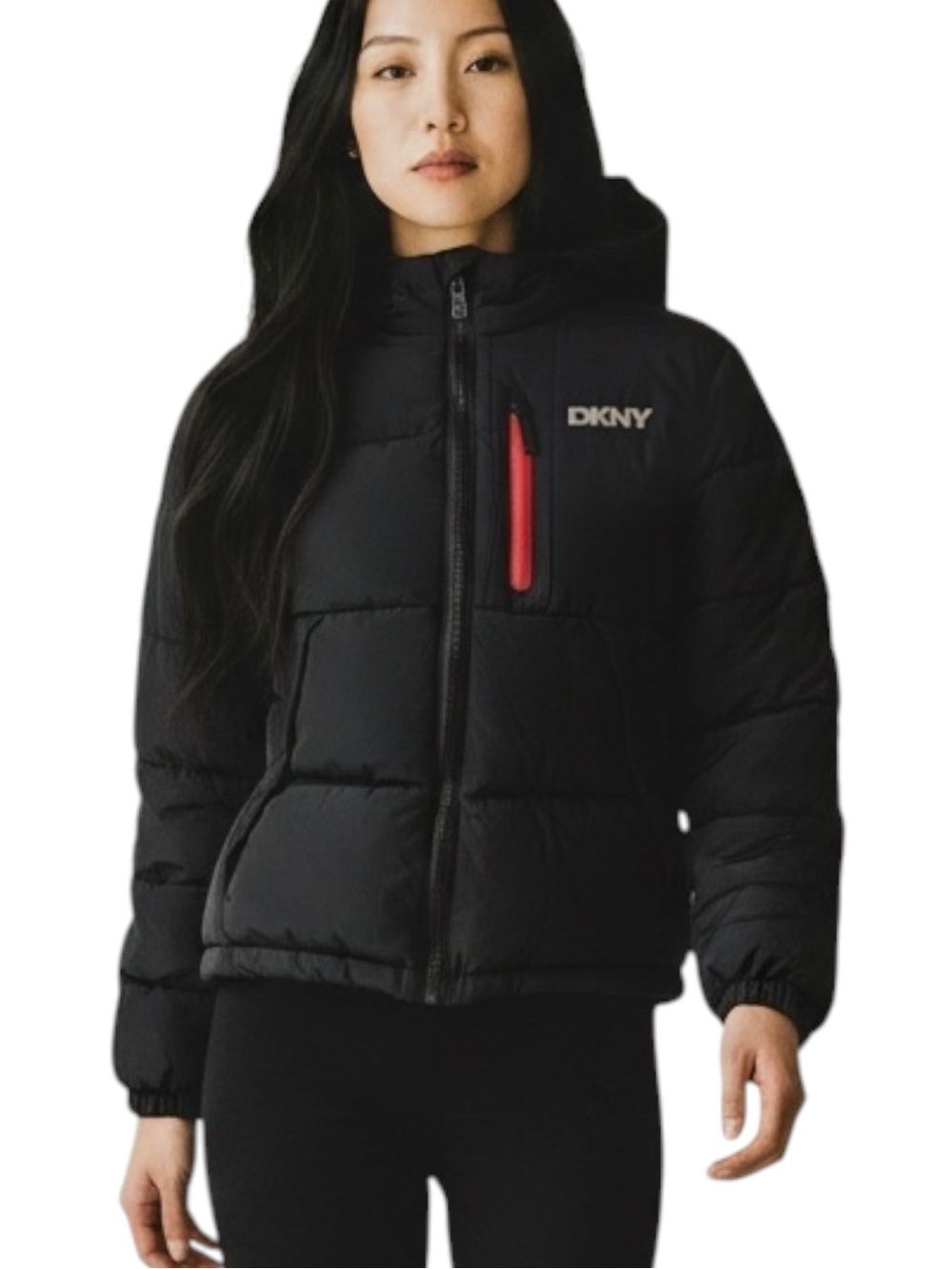 Donna Karan DKNY Black Puffer Hooded Logo Jacket Coat NWOT Size 8